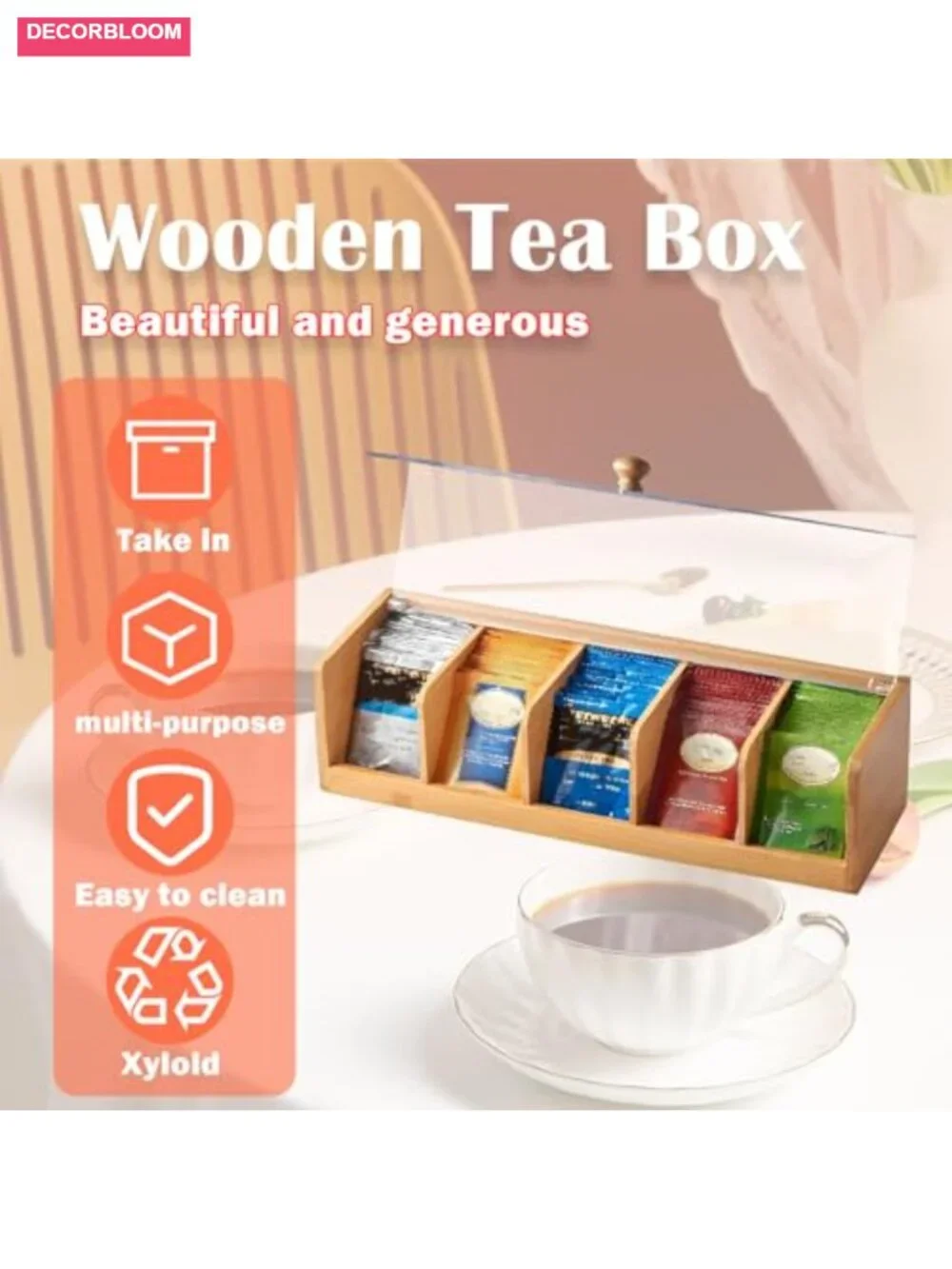 Bamboo Tea Bag Organizer with 5 Compartments and Acrylic Window Countertop